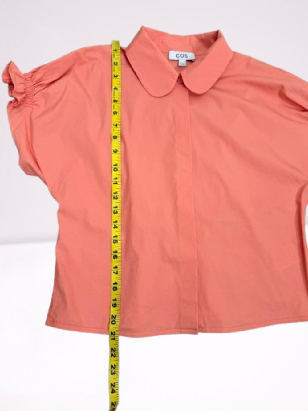 COS NWOT Poplin Crop Blouse Peter Pan Collar Puff Sleeve Size US M Salmon Color - Picture 7 of 9